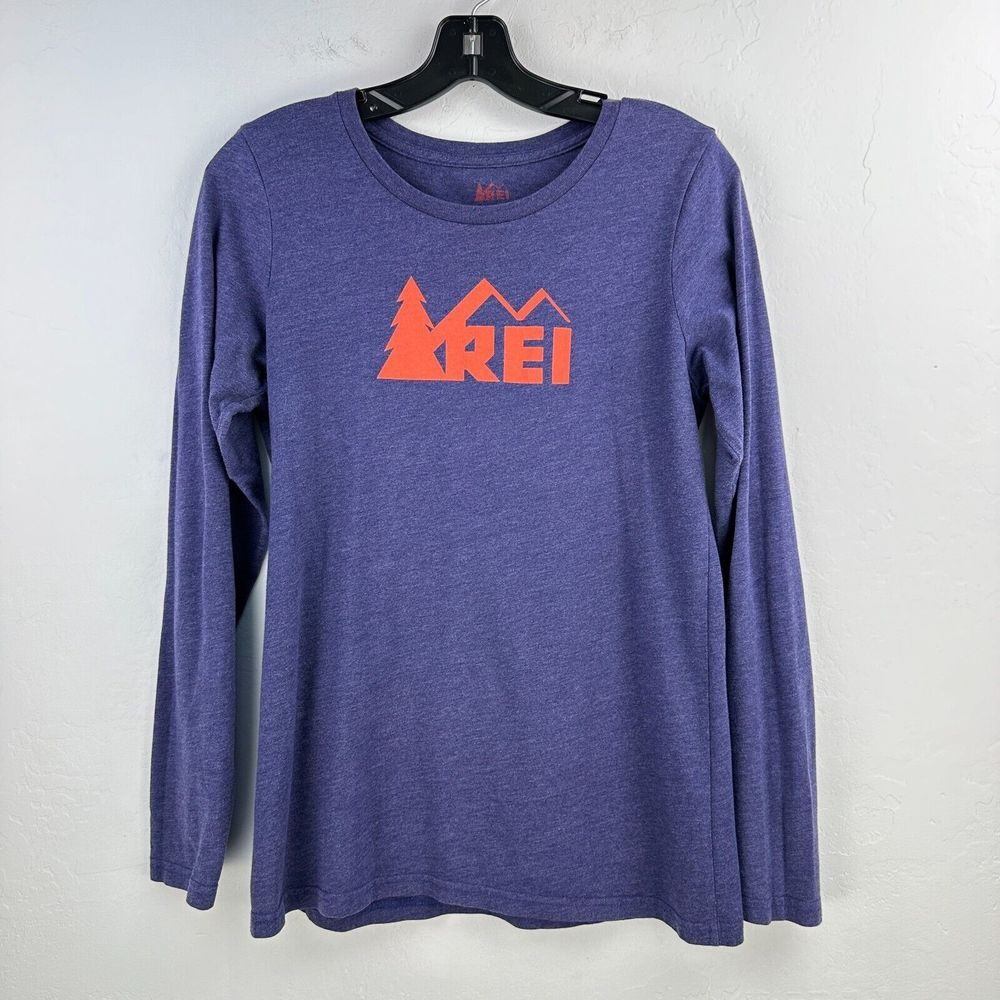 Rei Basic Tshirt Womens M Blue Red Heather Logo Print Long Sleeve Minimalist